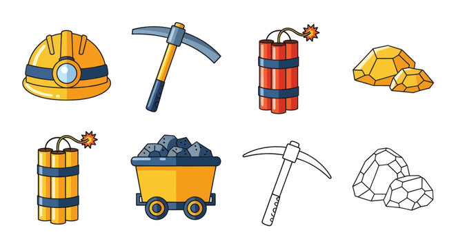 Mining Tools and Materials Icons: Helmet, Pickaxe, Dynamite, Gold, Coal