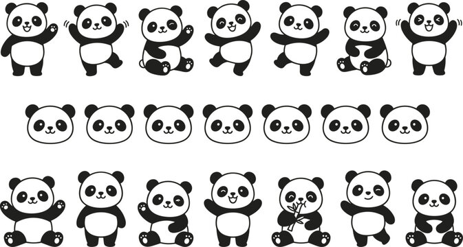 Cute giant panda cartoon vector collection featuring happy bear characters sitting, waving, dancing, eating bamboo stalks, and cheerful animal face portrait silhouette icons.