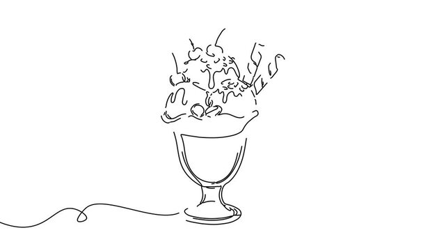 Animation of line drawing of an ice cream sundae with toppings.