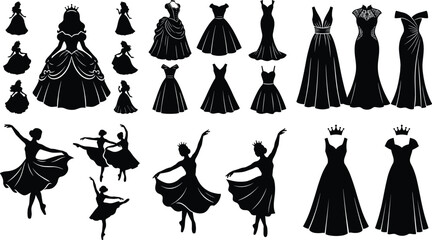Princess dress and ballerina silhouette vector illustration set with elegant evening gowns bridal wedding apparel and dancing girls isolated on white background. © MdRasel