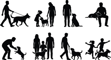 People walking with dogs black silhouette vector icons set with family man woman kids training and playing with puppy isolated on white background  © MdRasel