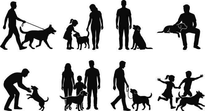 People walking with dogs black silhouette vector icons set with family man woman kids training and playing with puppy isolated on white background 