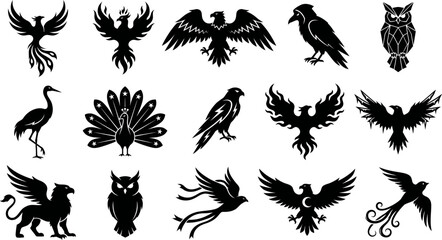 Naklejka premium Collection of various animal silhouettes on white background birds and mythical creatures
