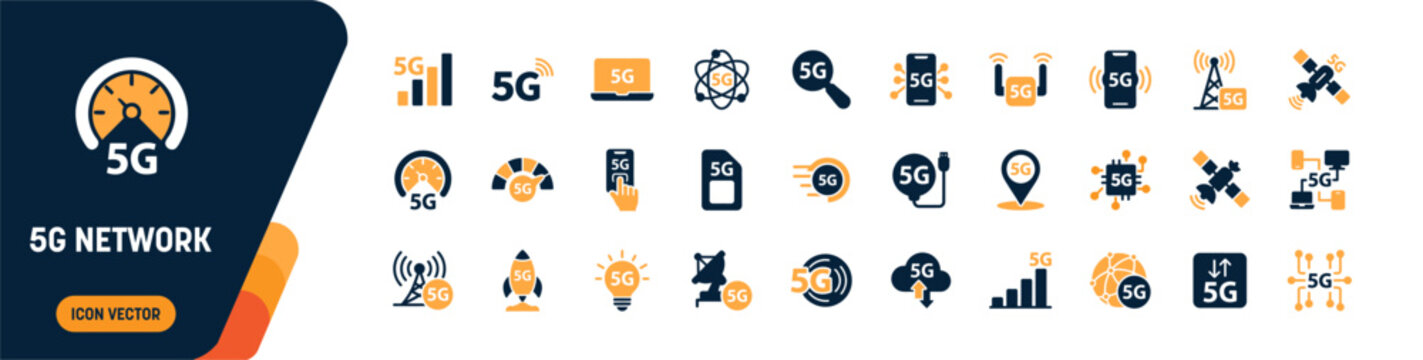 5G network and high speed wireless technology icon set. antenna tower, satellite, smartphone, sim card, speedometer, microchip, laptop. editable vector solid illustration
