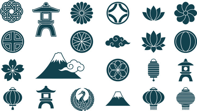 Blue chinese lantern pagoda cloud decorative festive traditional celebration vector illustration icon collection oriental design set