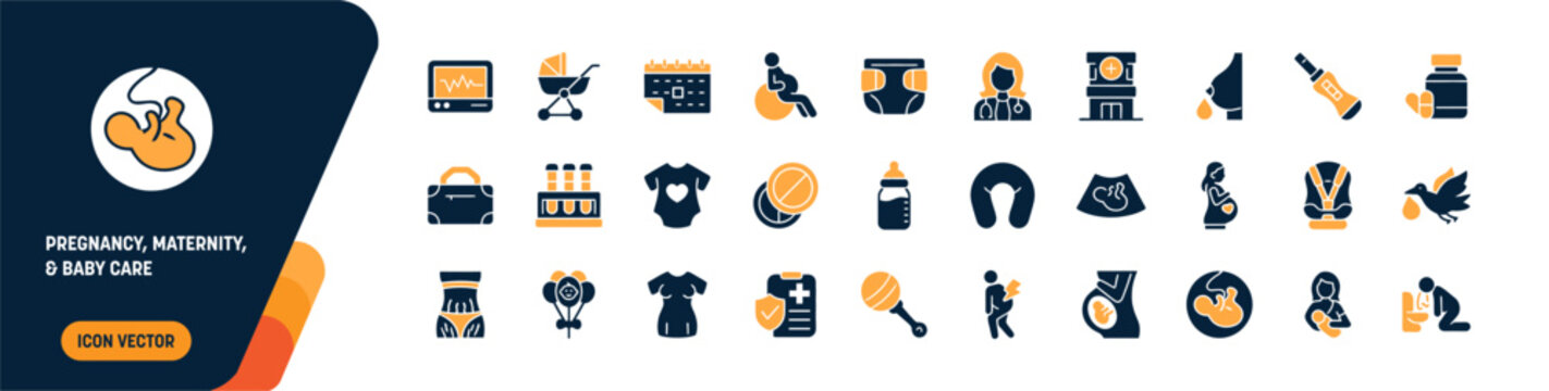 Pregnancy maternity and baby care icon set. fetus embryo, pregnant woman, baby stroller, feeding bottle, baby rattle, pregnancy test, hospital building. editable vector solid illustration
