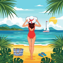 Obraz premium Summer vacation vector illustration of a woman in a red swimsuit walking on a beach towards the ocean with a sailboat in the distance
