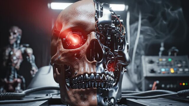 Cyborg skull with red eye perfect for IT presentations and tech marketing