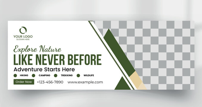 Explore nature adventure tour banner template with mountain hiking hiker
