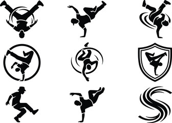 Fototapeta premium Breakdance Silhouette Collection with Hip Hop Dancer Moves, Street Dance Icons, and Urban Black Vector Elements Set