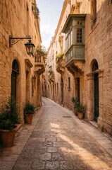 Obraz premium Charming stone alley filled with warm sunlight and historic Mediterranean architecture creates a peaceful atmosphere perfect for timeless travel memories.