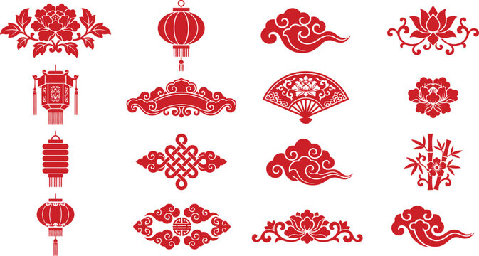 Chinese red lantern tassel festive hanging decoration traditional celebration vector illustration ornament icon collection symbolic set
