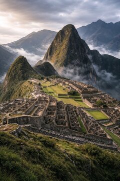Breathtaking aerial view of Machu Picchu surrounded by misty mountains captures the mystery beauty and spirit of ancient Incan civilization.