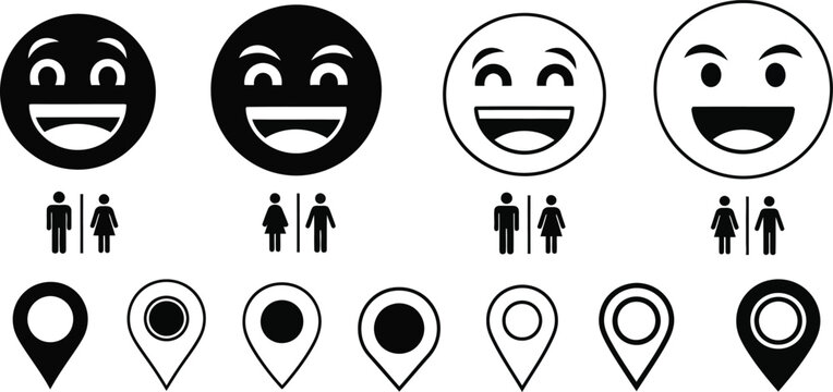 Minimalist vector icon set featuring happy smiling emoji faces public restroom gender symbols and map navigation location pointer pinsMinimalist vector icon set featuring happy smiling emoji faces pub