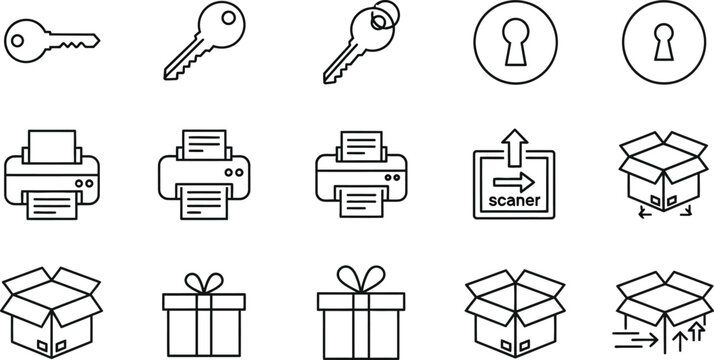 Minimalist linear vector icon set featuring metallic house keys circular keyholes office printers document scanners and cardboard shipping boxesMinimalist linear vector icon set featuring metallic hou
