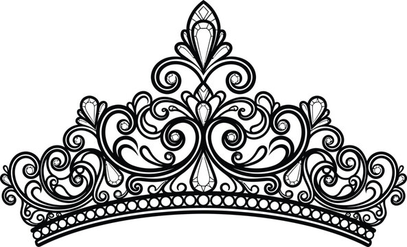 Intricate black line art princess tiara crown with royal jewelry flourishes and ornate decorative patterns on a clean white background vector illustration
