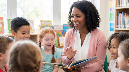 Obraz premium african american female librarian elementary school children reading book classroom education warm librarian reading colorful storybook to diverse young students gathered around in cozy library for