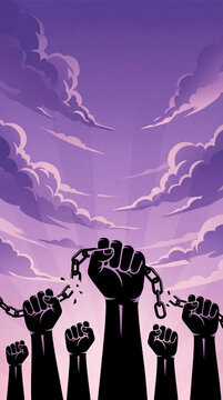 Raised clenched fists breaking chains against purple sky with clouds, copy space above, freedom, protest, human rights concepts