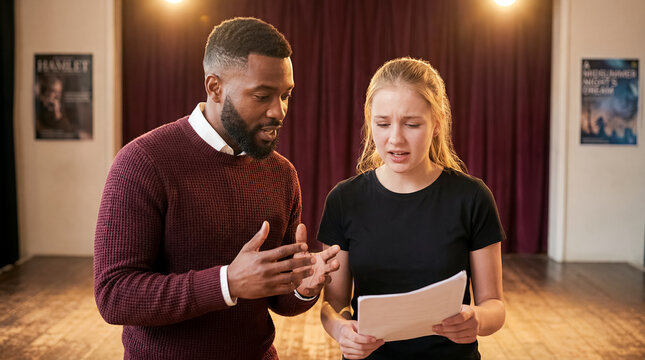 african american male theater drama teacher high school student acting coach script mentor expressive theater instructor giving direction to focused actress holding script in dim stage lit drama