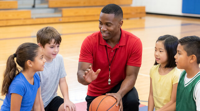 african american male physical education teacher coach elementary kids gym fitness sports athletic teacher leading playful warmup activity with diverse young students in colorful indoor gymnasium