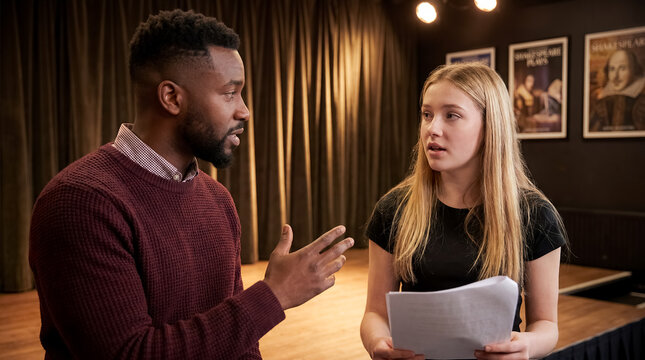 african american male theater drama teacher high school student acting coach script mentor passionate drama teacher coaching teenage student through script reading on stage with shakespeare posters in