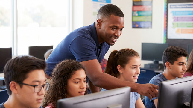 african american male technology teacher middle school computers coding stem classroom diverse tech instructor pointing out programming details on screen to attentive young learner in coding classroom