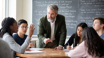 caucasian greek male philosophy ethics teacher high school humanities classroom mentor critical thinking thoughtful philosophy professor leading socratic dialogue with diverse teen students in
