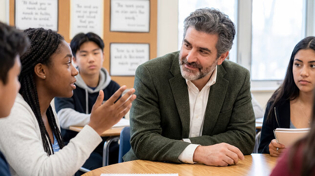caucasian greek male philosophy ethics teacher high school humanities classroom mentor critical thinking passionate humanities teacher writing ethical question on whiteboard for attentive high
