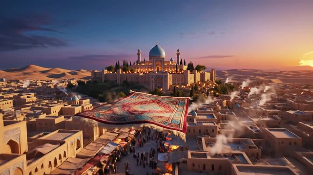 Desert city with domed buildings and flying carpet perfect for UI/UX elements and digital motion graphics