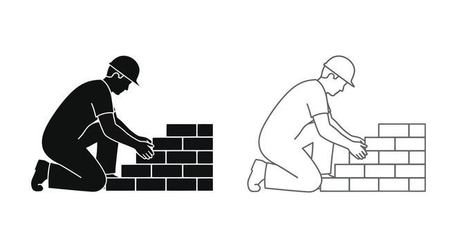bricklayer working with bricks silhouette and line art