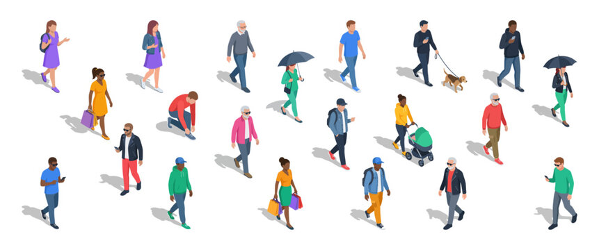 Diverse casual pedestrians walking doing everyday activities like shopping and walking dogs | Isometric vector illustration of crowd set