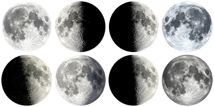 Collection of eight moons showing different phases and textures, isolated on a transparent background