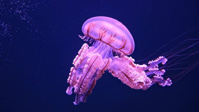 Pink Jellyfish Swimming Underwater in Deep Blue Ocean