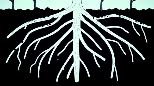 Stylized tree roots illustration with soil line and partial tree silhouettes
