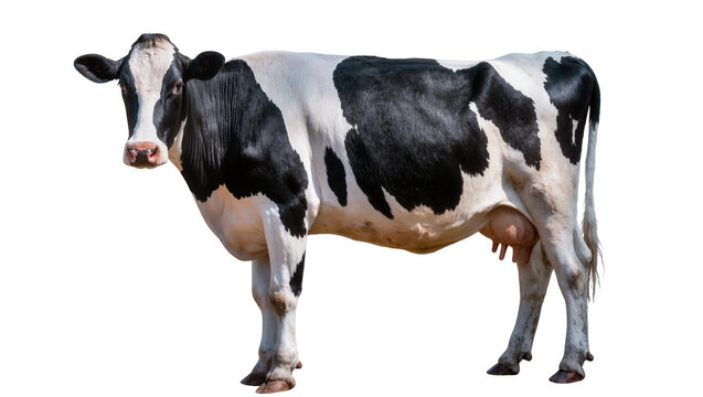 Black and white Holstein cow with udder, isolated on transparent background