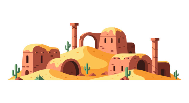 Desert ruins standing amid sand dunes in arid landscape