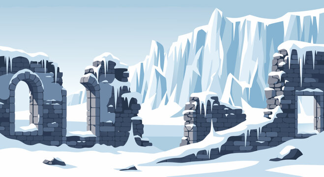 Snow covered ruins amid icy glacier frozen landscape