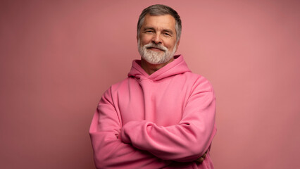 Obraz premium Caucasian smiling bearded mature man wearing pink hoodie against pink background