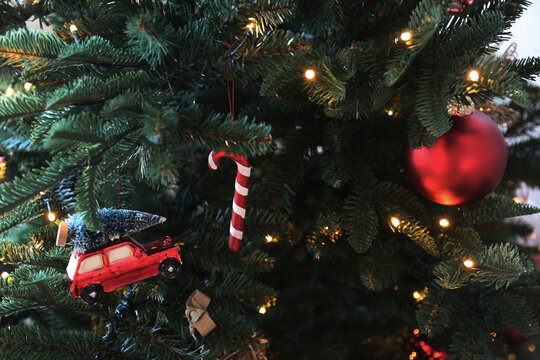 Close-up shot of decorated Christmas tree