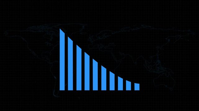 Blue bar chart animation over world map grid. Global business chart for international trade statistics metrics. Digital bar chart animation for world economics report.