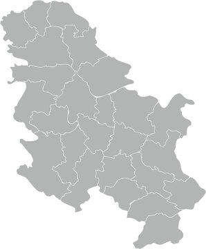 Gray Political Map of Serbia Showing Administrative Districts and Regional Borders on White Background