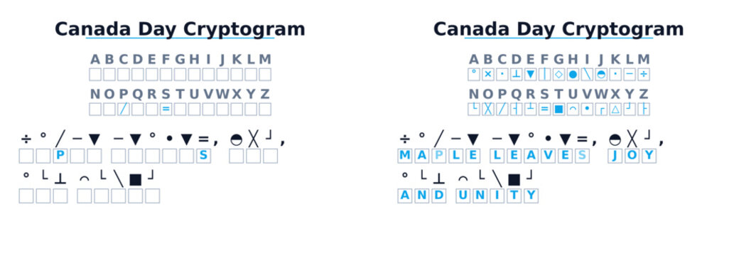 Canada Day cryptogram puzzle with letters and symbols  