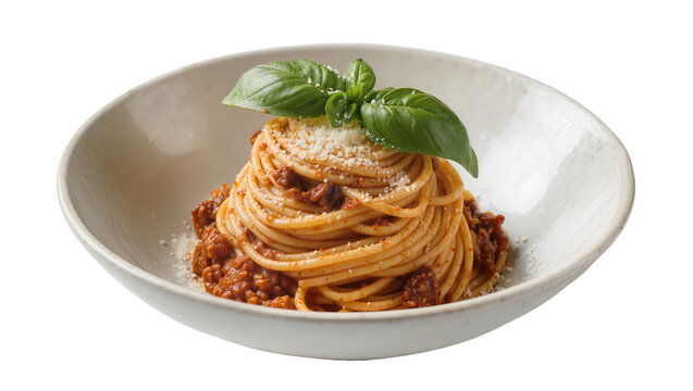 Spaghetti bolognese with fresh basil and parmesan cheese, isolated on transparent background