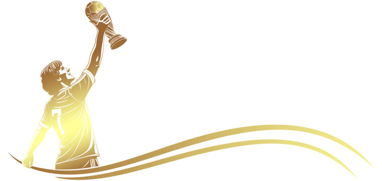 Vector silhouette illustration of a soccer player carrying a gold world cup trophy with a gold ribbon