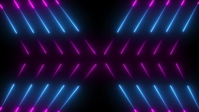 Neon light beams forming an X shape on black. Neon light beams for abstract modern stage decoration. Digital neon light beams animation for electronic disco.