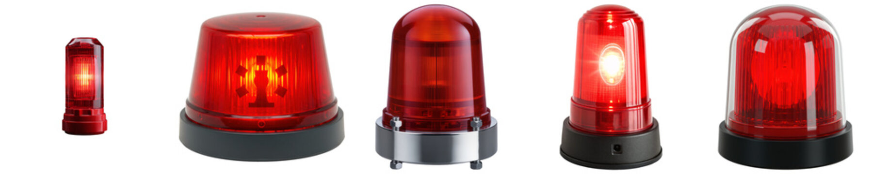 Collection of five red warning lights, beacons, and strobes isolated on transparent background