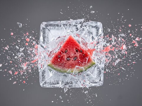 Frozen Watermelon Slice in Exploding Ice Block Macro Action Still Life
