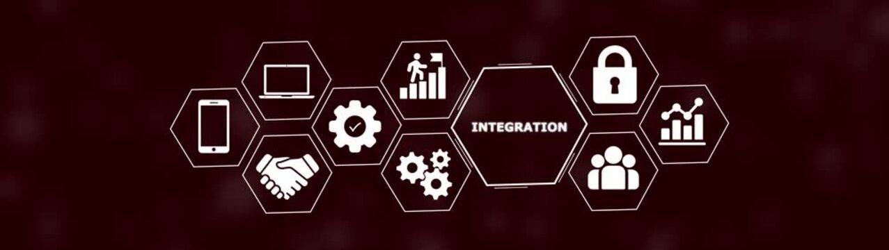 Business integration concept with white hexagonal on a dark maroon background featuring digital workflow symbols