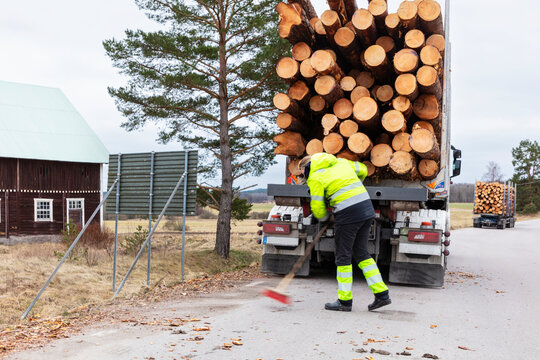 Female worker sweeping floor while standing near truck loaded with logs