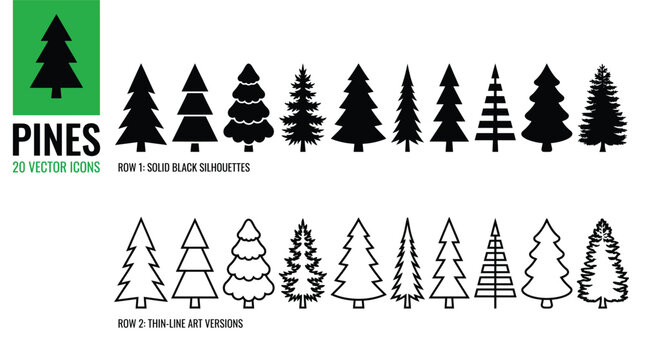 Pine icon set. Fir tree vector set.